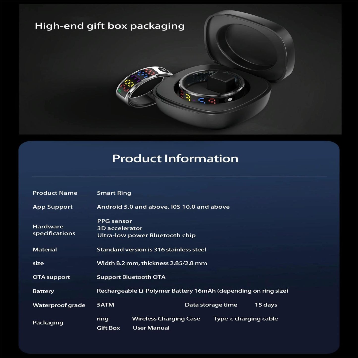 Smart Ring Heart Rate Blood Oxygen Sleep Sports Size 9 - Black