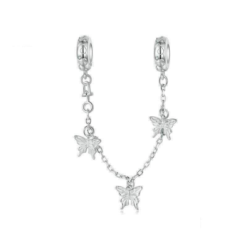 925 Sterling Silver Platinum Plated Butterfly Safety Chain Bracelet
