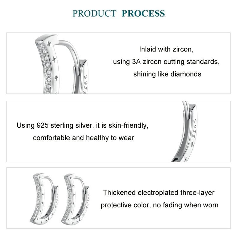 925 Sterling Silver Platinum Plated Zircon Crescent Earrings