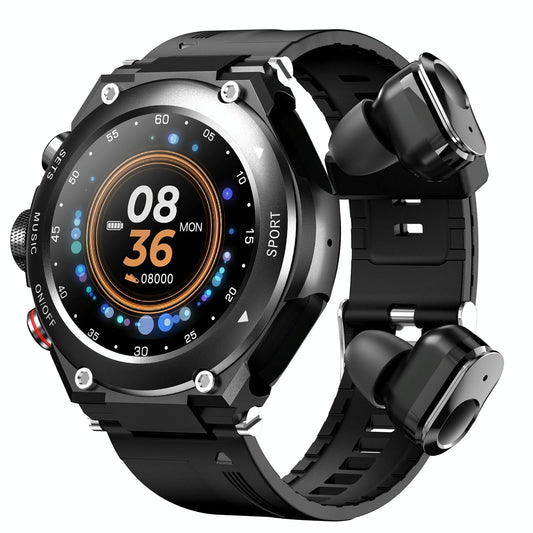 1.28 Inch Ips Touch Screen 2 In 1 Bluetooth Headset Smart Watch Support Heart Rate Monitoring / Bluetooth Music - Black