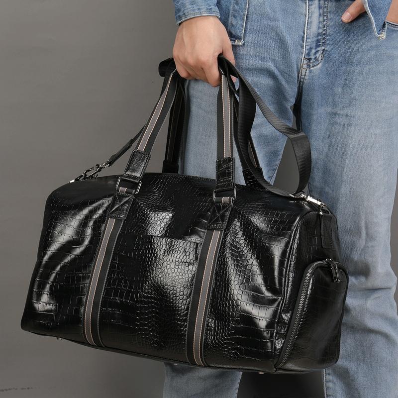 Multifunctional Leather Duffel Bag for Travel - Crocodile Print