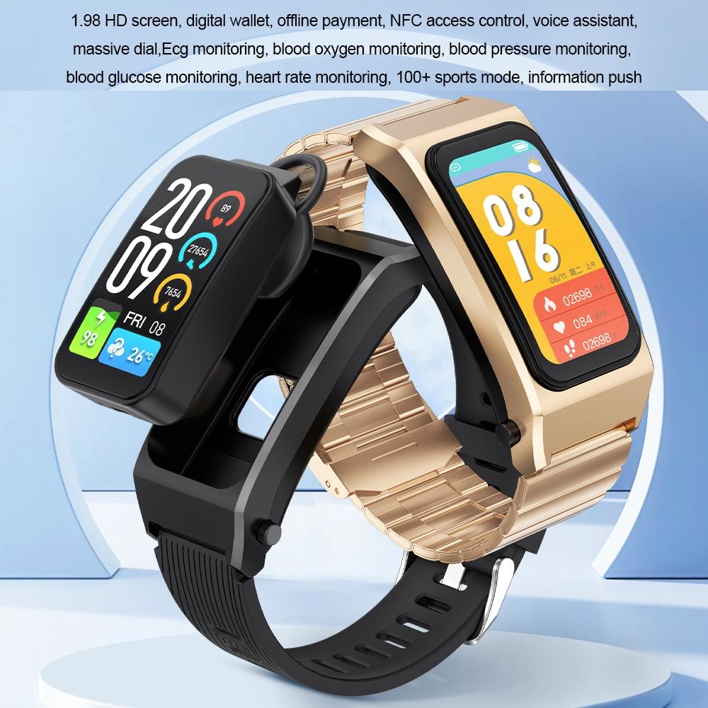 1.98 Inch 2 In 1 Bluetooth Earphone Smart Watch With Ecg & Nfc Support - Black