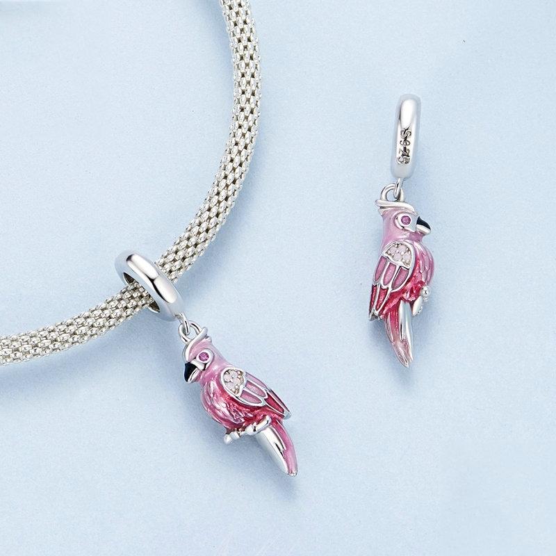 925 Sterling Silver Platinum Plated Pink Parrot Pendant