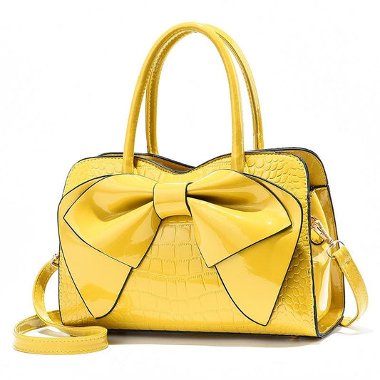 Leather Ladies Handbag - Bright Bow Design - Yellow