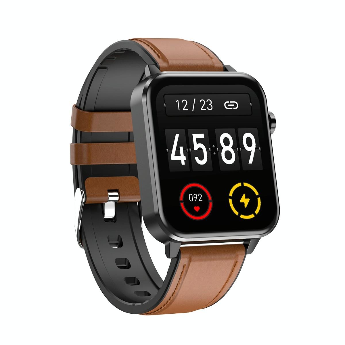 1.7 Inch Tft Colour Screen Ip68 Waterproof Smart Watch Support Blood Oxygen Monitoring / Body Temperature Monitoring / Ai Medical Diagnosis - Leather Strap - Black