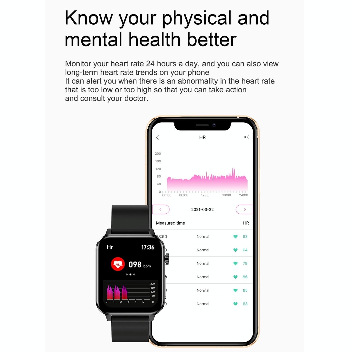 1.7 Inch Tft Colour Screen Ip68 Waterproof Smart Watch Support Blood Oxygen Monitoring / Body Temperature Monitoring / Ai Medical Diagnosis - Leather Strap - Black