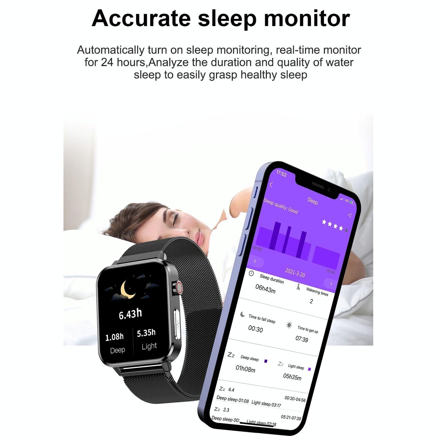 1.7 Inch Tft Colour Screen Ip68 Waterproof Smart Watch Support Blood Oxygen Monitoring / Body Temperature Monitoring / Ai Medical Diagnosis - Leather Strap - Black