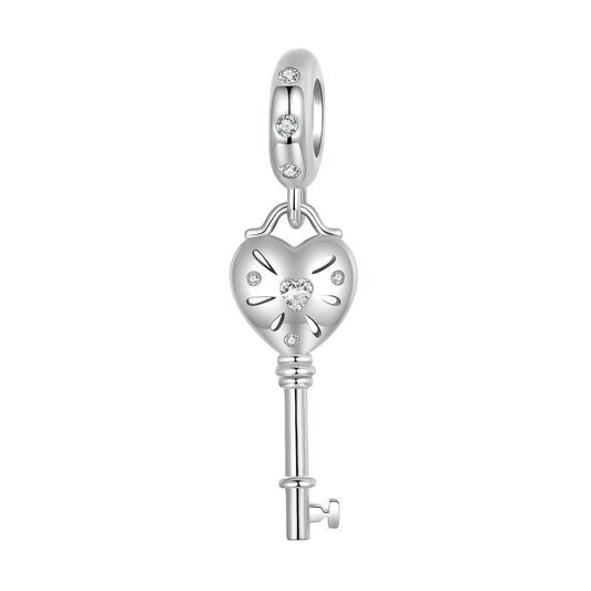 925 Sterling Silver Platinum Plated Heart Key Beaded Pendant