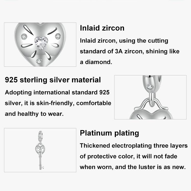 925 Sterling Silver Platinum Plated Heart Key Beaded Pendant
