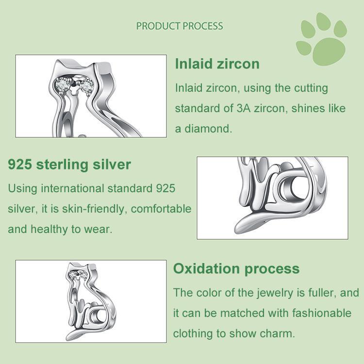 925 Sterling Silver Hollow Cat Beads Cute Animal Accessory
