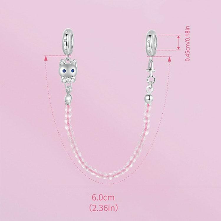 925 Sterling Silver Platinum Plated Cat Safety Chain Pendant