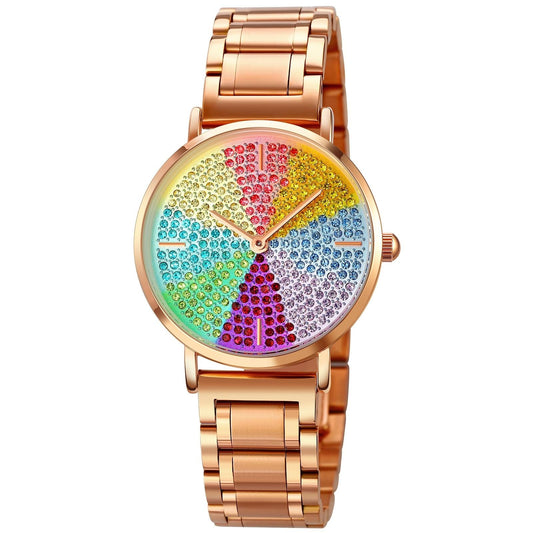 Women Rose Gold Steel Watch with Eight Colour Diamond Dial