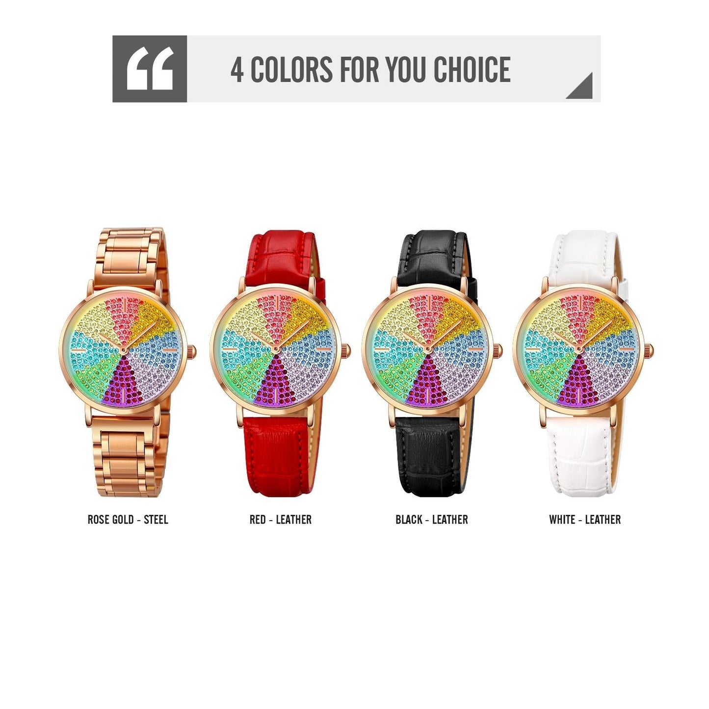 Women Rose Gold Steel Watch with Eight Colour Diamond Dial