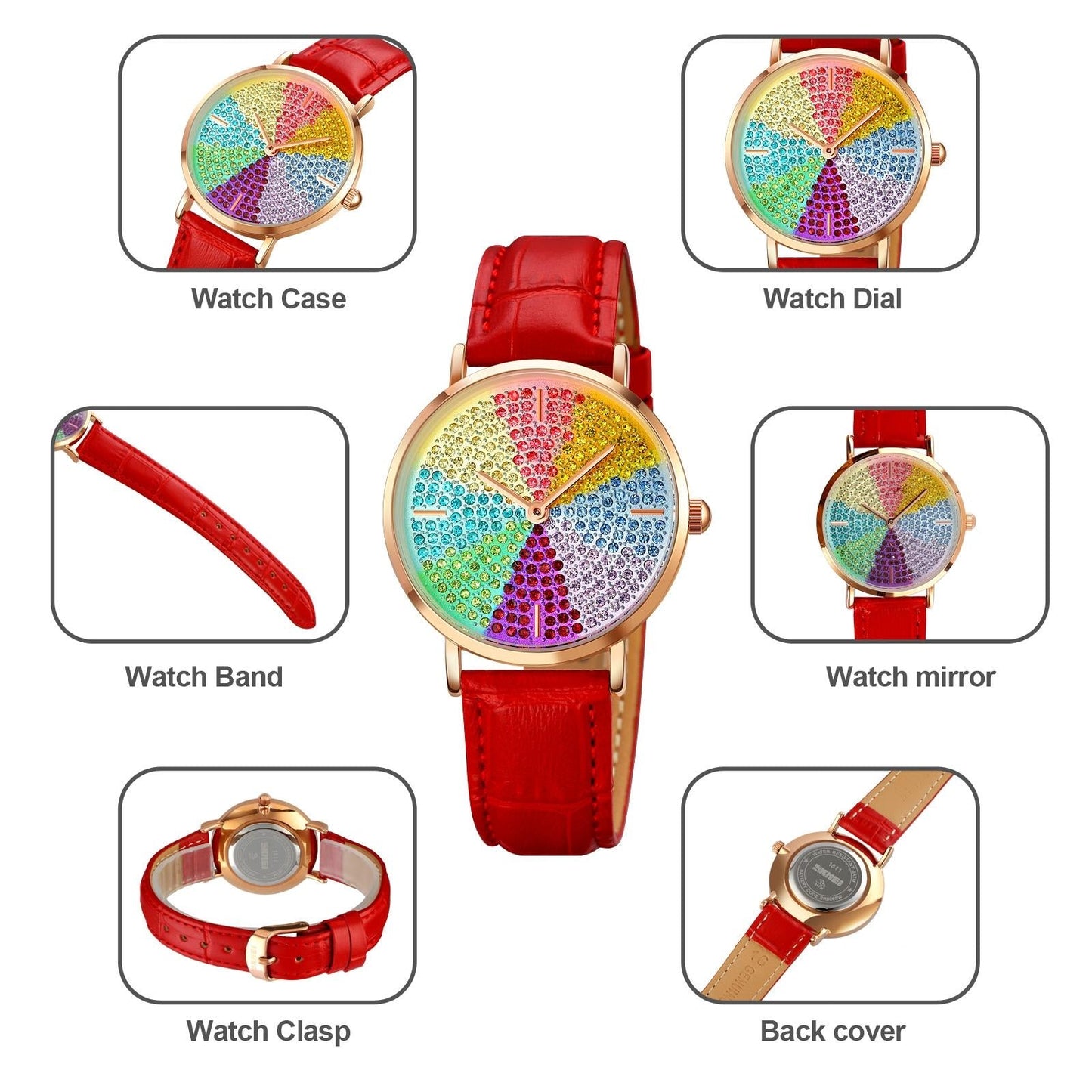 Women Rose Gold Steel Watch with Eight Colour Diamond Dial
