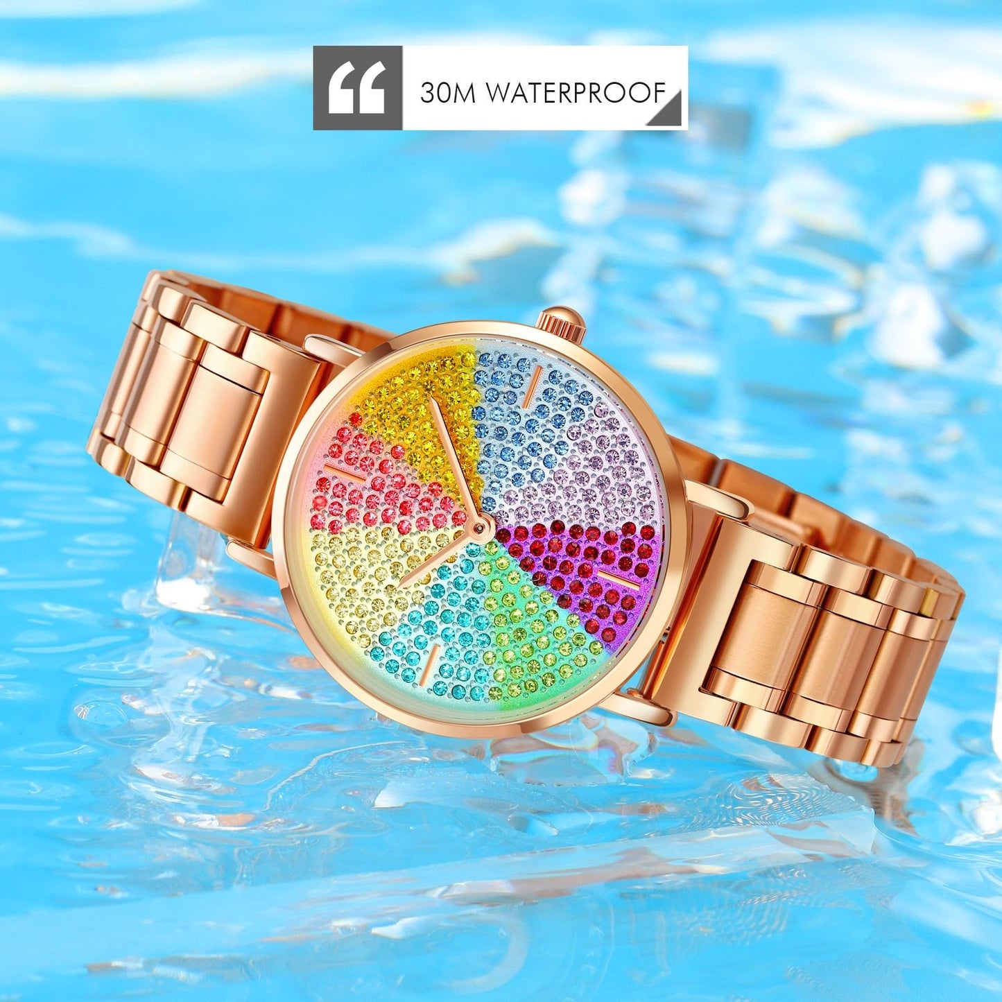 Women Rose Gold Steel Watch with Eight Colour Diamond Dial