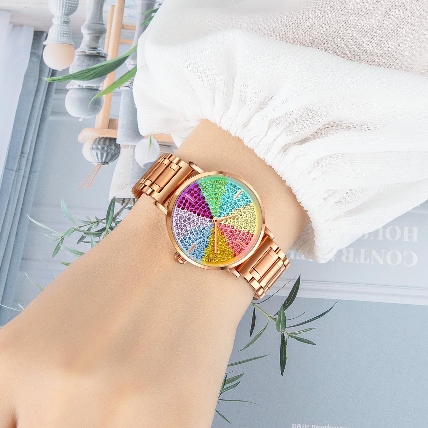 Women Rose Gold Steel Watch with Eight Colour Diamond Dial