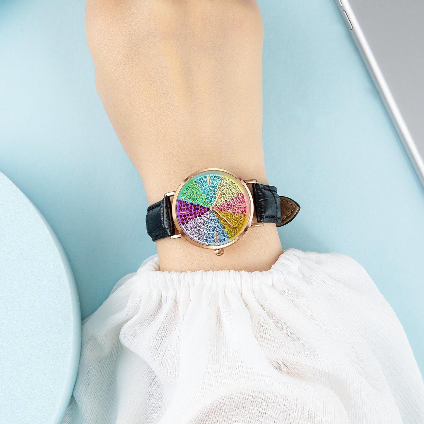 Women Rose Gold Steel Watch with Eight Colour Diamond Dial