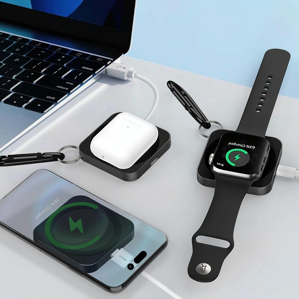 3 In 1 Portable Wireless Charger For Iphone Airpods And Iwatch - Black