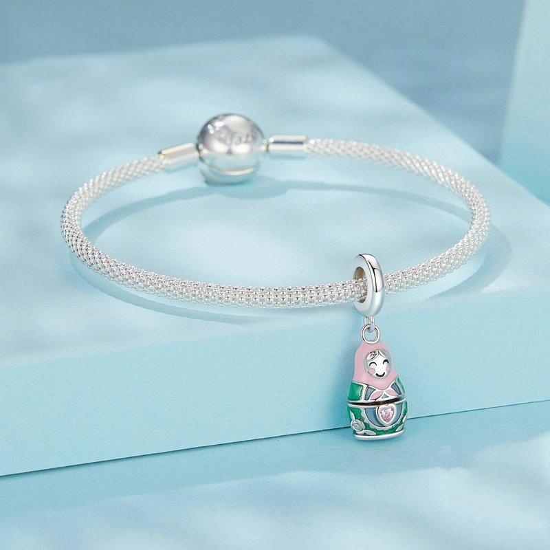 925 Sterling Silver Platinum Plated Doll Pendant With Beads