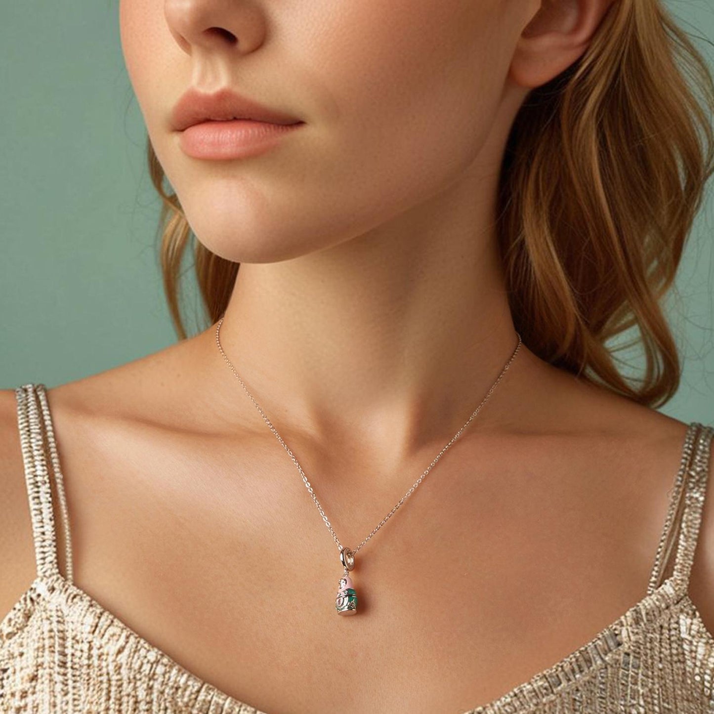 925 Sterling Silver Platinum Plated Doll Pendant With Beads