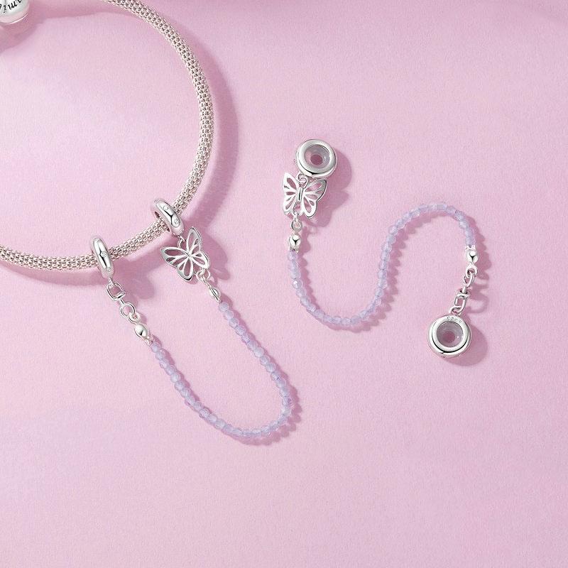 925 Sterling Silver Platinum Plated Butterfly Safety Chain Bracelet