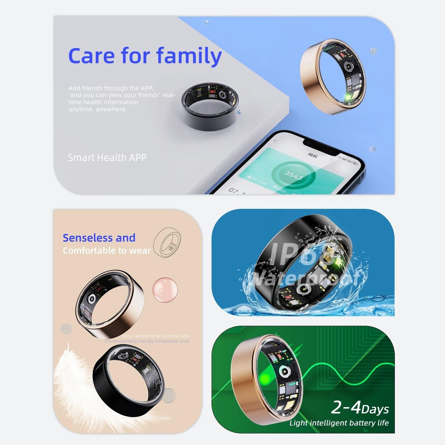 Smart Ring With Heart Rate Blood Oxygen Sleep & Sports Modes - Size 8 - Black