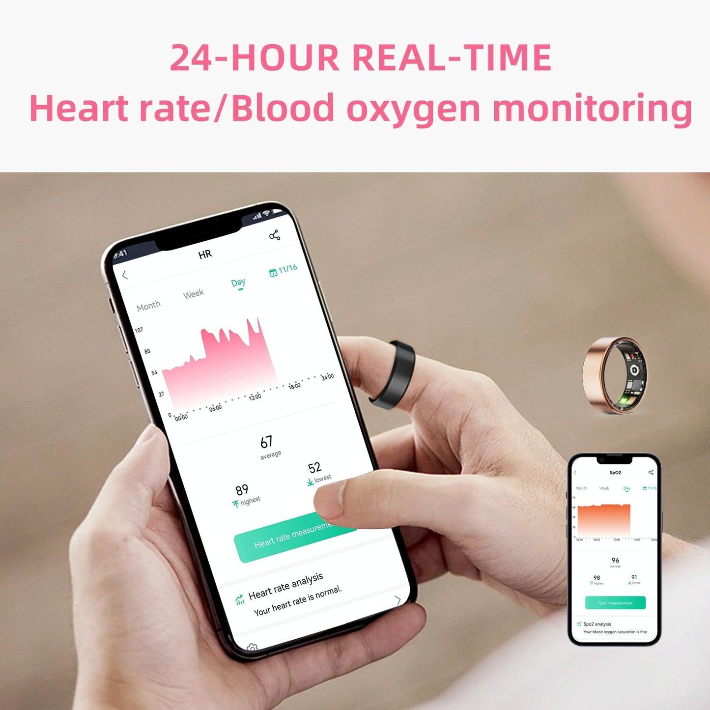 Smart Ring With Heart Rate Blood Oxygen Sleep & Sports Modes - Size 8 - Black