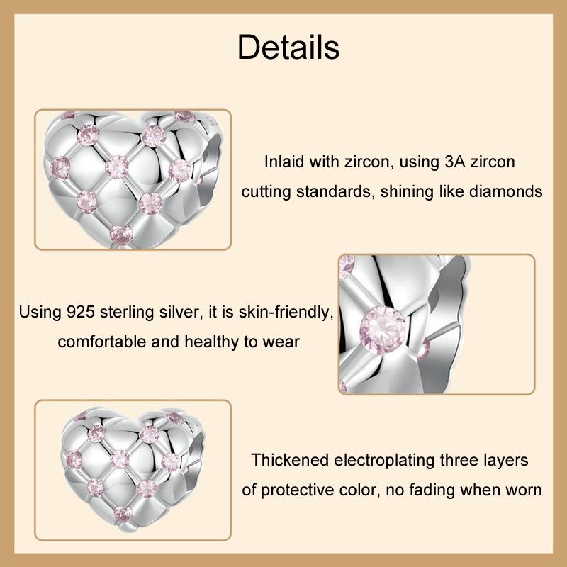 925 Sterling Silver Platinum Diamond Heart Diy Bead