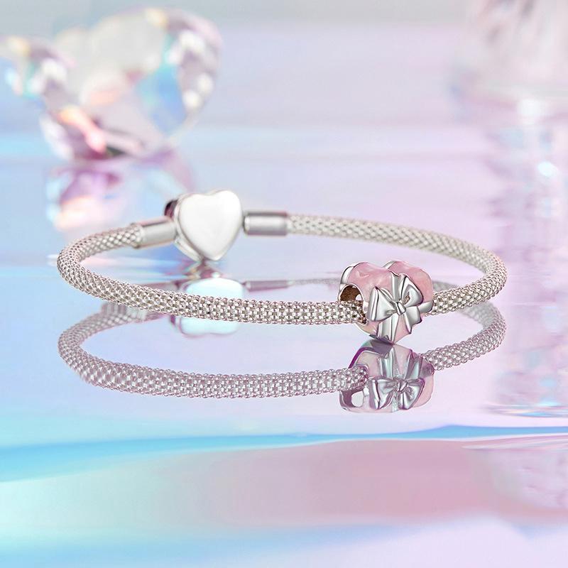 925 Sterling Silver Platinum Heart Bow Beads Gift Box