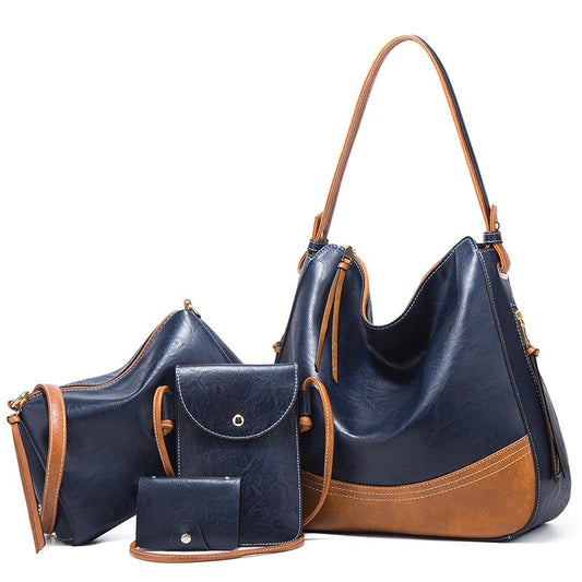 Large Capacity Diagonal Handbags - 4 in 1 Colour Block Leather Bags - Navy Blue