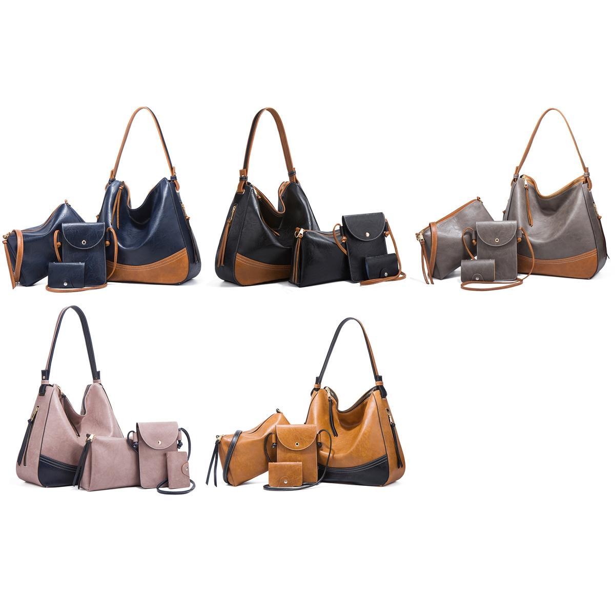 Large Capacity Diagonal Handbags - 4 in 1 Colour Block Leather Bags - Navy Blue