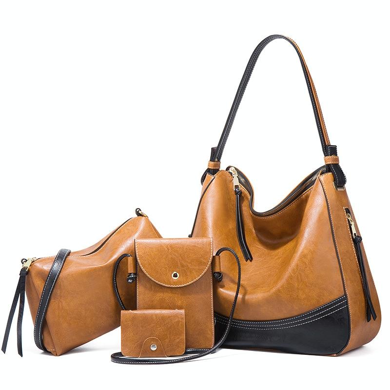 Large Capacity Diagonal Handbags - 4 in 1 Colour Block Leather Bags - Navy Blue