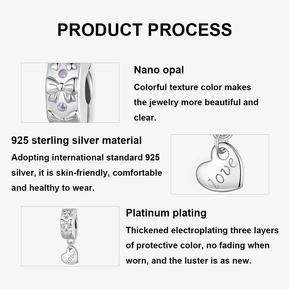 925 Sterling Silver Platinum Plated Bow Heart Bracelet With Beads