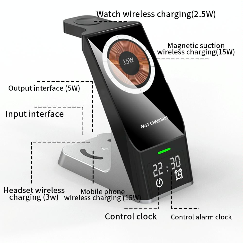 15W 6 In 1 Magnetic Wireless Charger With Clock For Iwatch / Airpods
