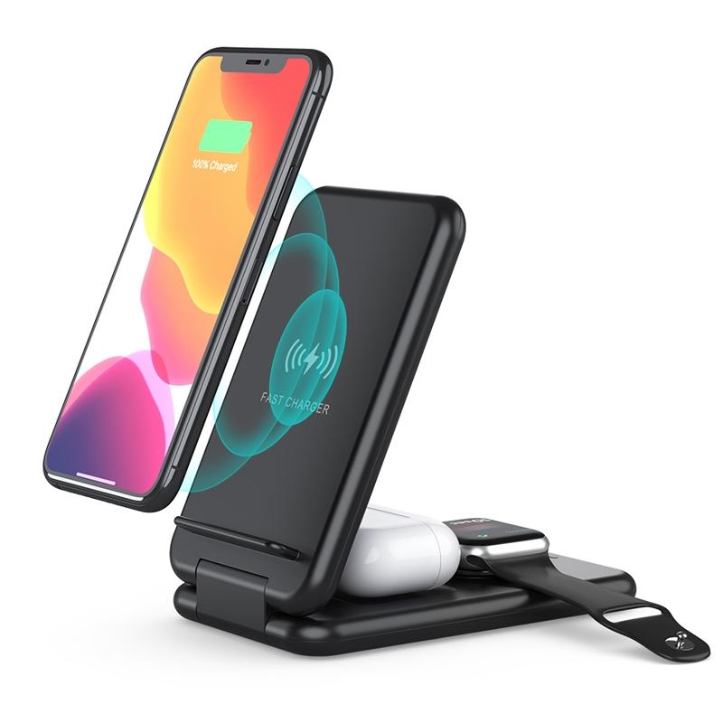 15W 3 In 1 Foldable Wireless Charger For Iphones Iwatchs Airpods - Black