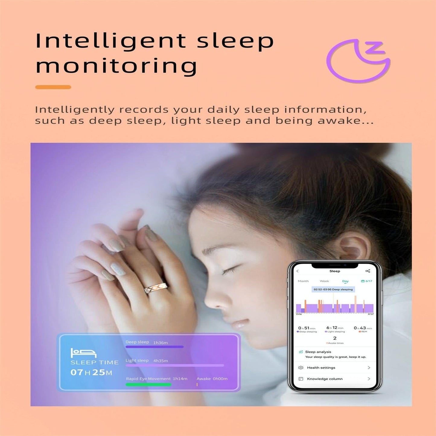 Smart Ring With Heart Rate Blood Oxygen Sleep Monitoring - Rose Gold Size 10