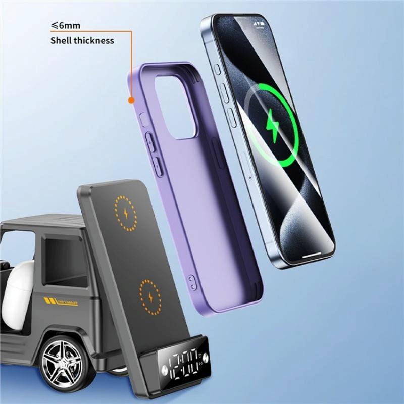 6 In 1 Car Shape Speaker With Clock & Wireless Charger - Grey