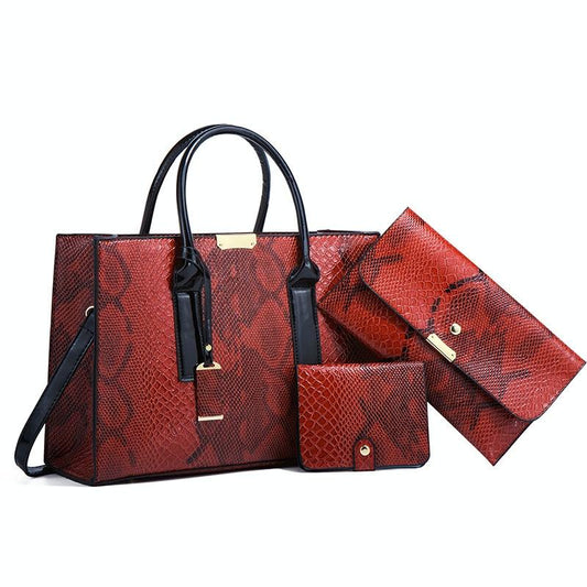 Stylish 3-in-1 Snakeskin Diagonal Handbag - Fashionable and Versatile - Red