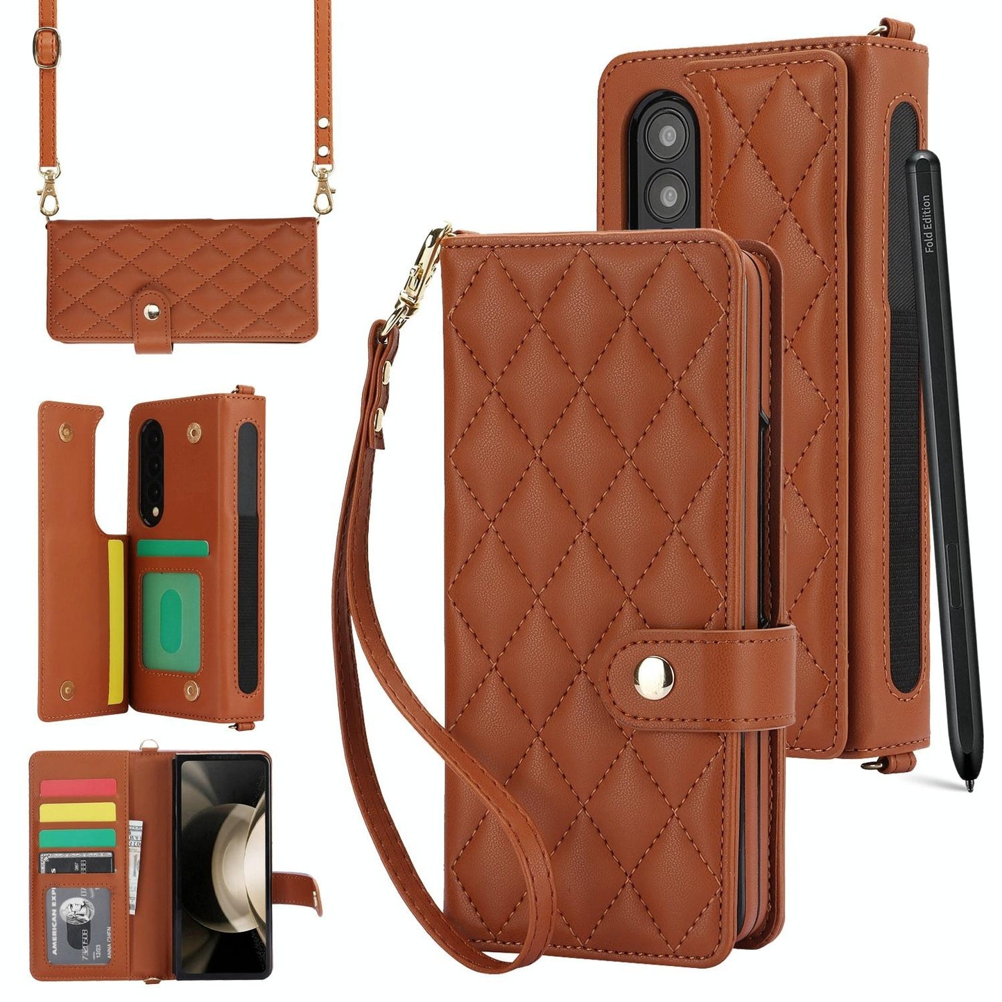 For Samsung Galaxy z Fold4 5G Multifunctional Rhombic Leather Crossbody Phone Case - White
