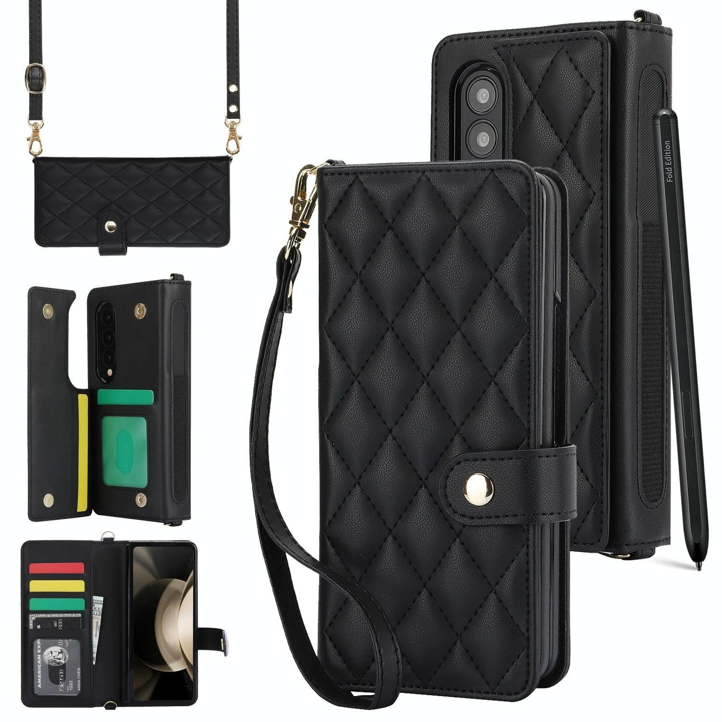 For Samsung Galaxy z Fold4 5G Multifunctional Rhombic Leather Crossbody Phone Case - White