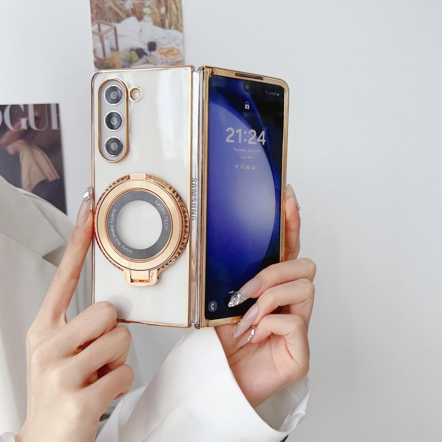 For Samsung Galaxy z Fold4 5G Shockproof Magsafe Holder for Rotating Plating Phone Case - Black