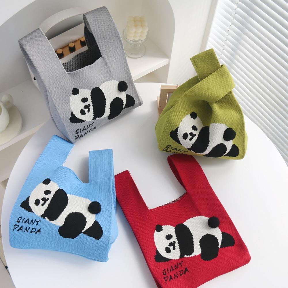 Cartoon Panda Knit Bag - Large Capacity Vest Handbag - Red