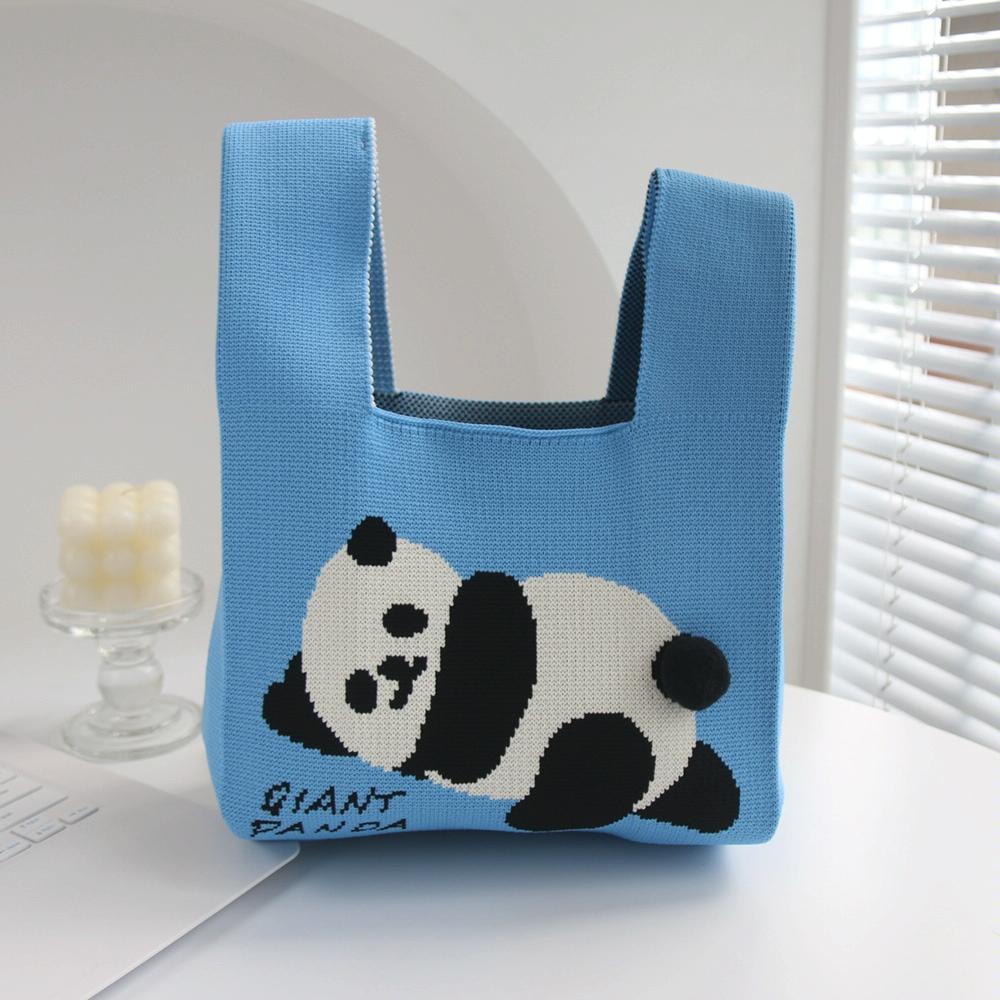 Cartoon Panda Knit Bag - Large Capacity Vest Handbag - Red