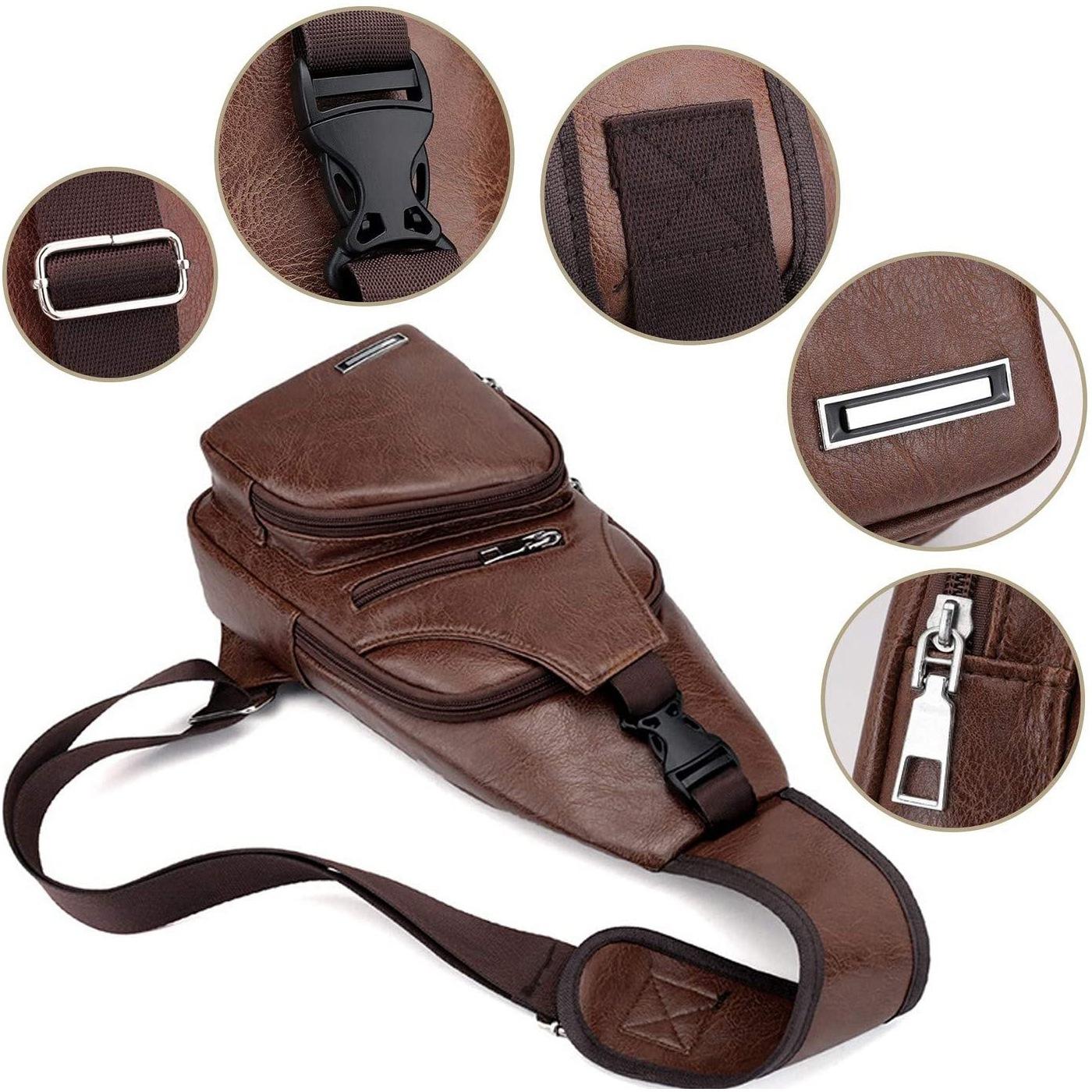 Waterproof Pu Leather Men Chest Bag Usb Port Headphone Hole - Light Brown