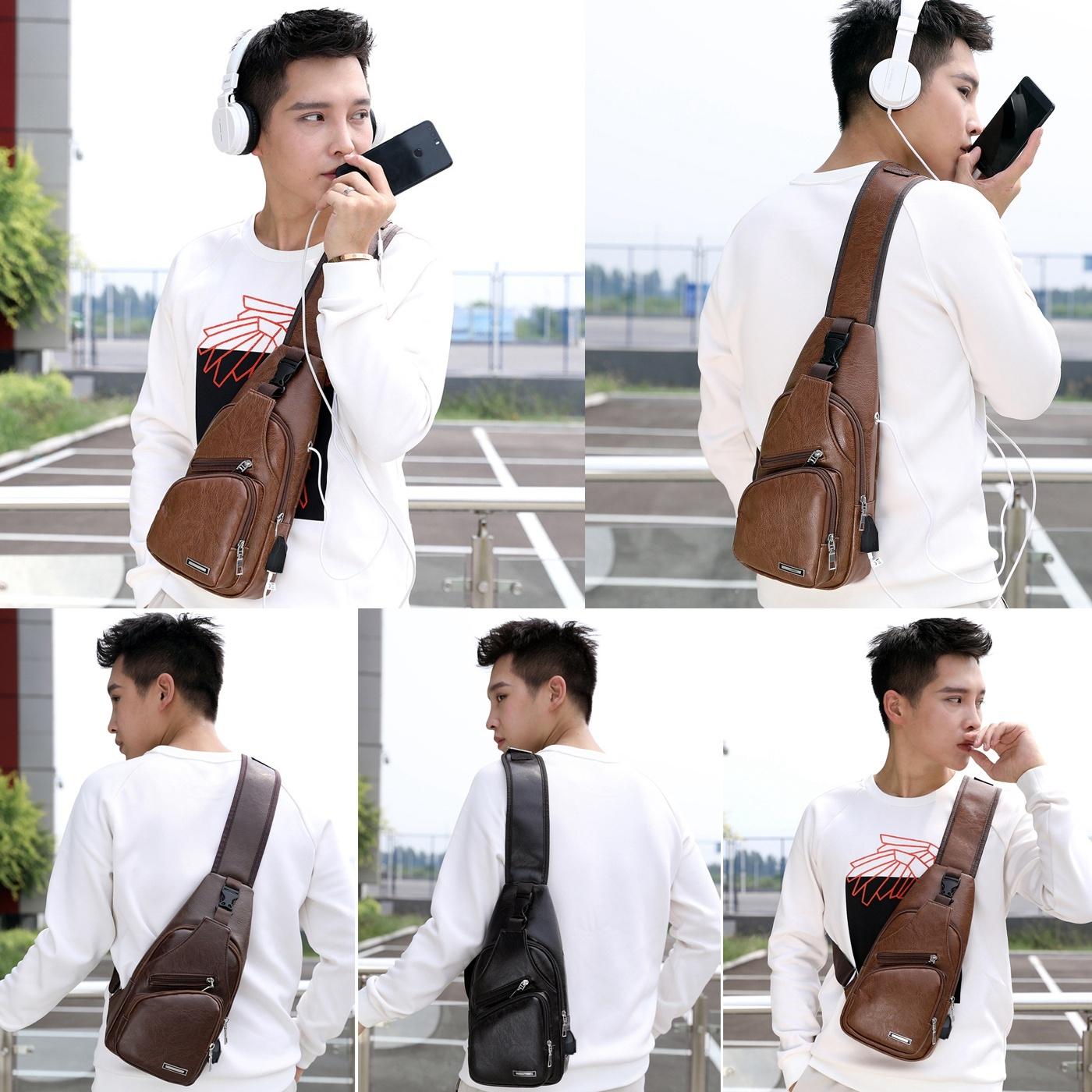 Waterproof Pu Leather Men Chest Bag Usb Port Headphone Hole - Light Brown