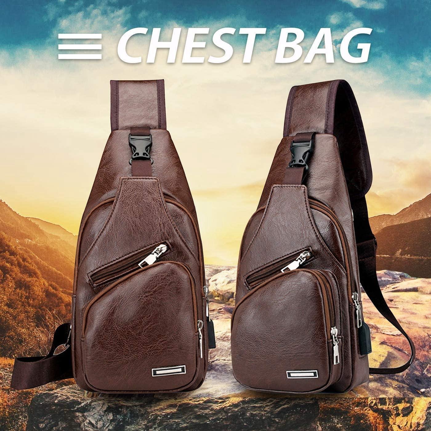 Waterproof Pu Leather Men Chest Bag Usb Port Headphone Hole - Light Brown