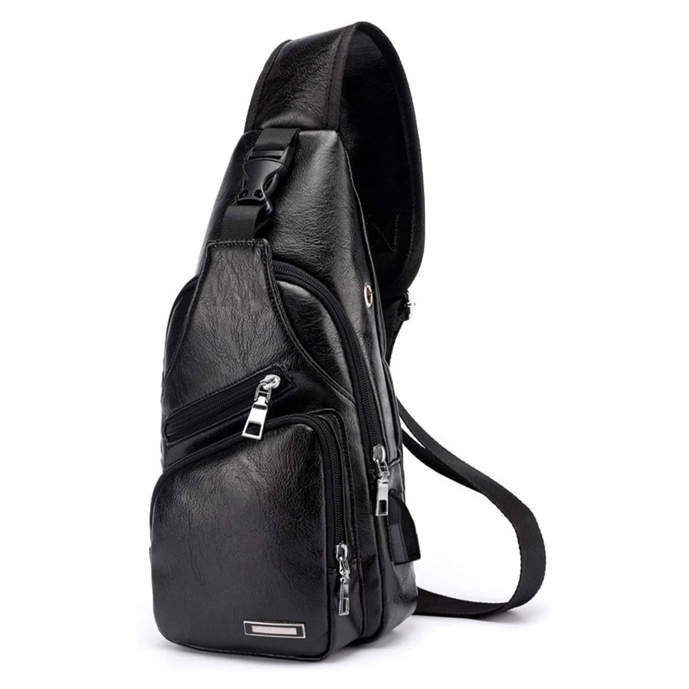 Waterproof Pu Leather Men Chest Bag Usb Port Headphone Hole - Light Brown
