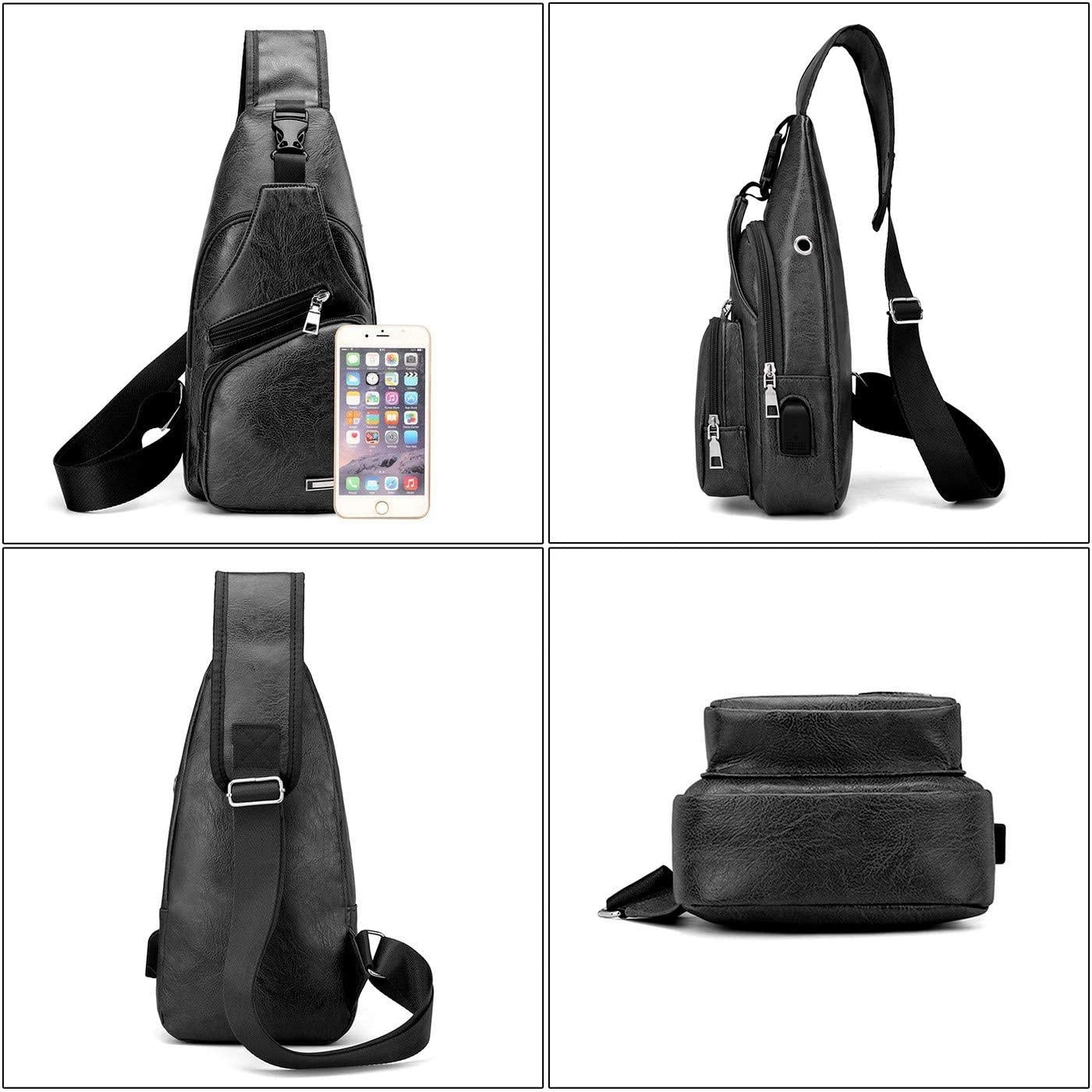 Waterproof Pu Leather Men Chest Bag Usb Port Headphone Hole - Light Brown