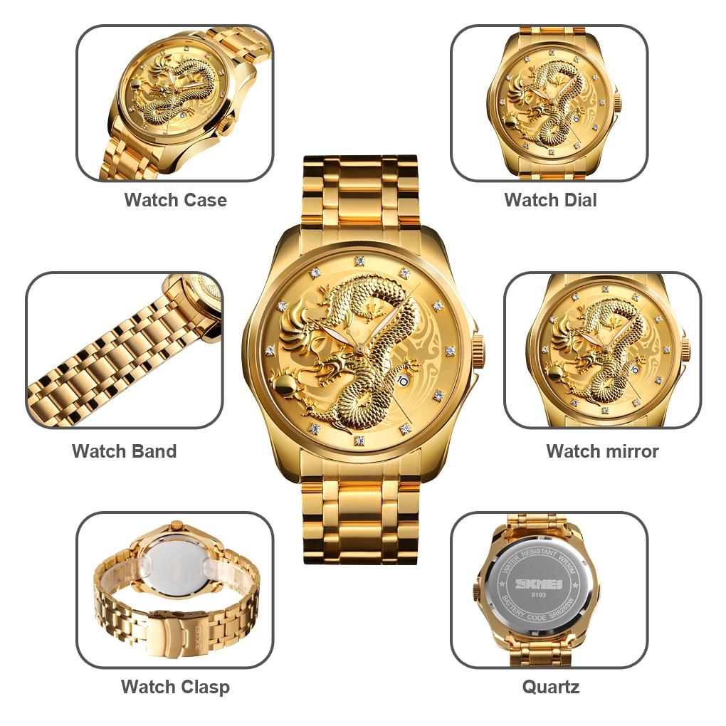 Men Golden Dragon Calendar Dial Quartz Watch with Luminous Hands - Silver Black