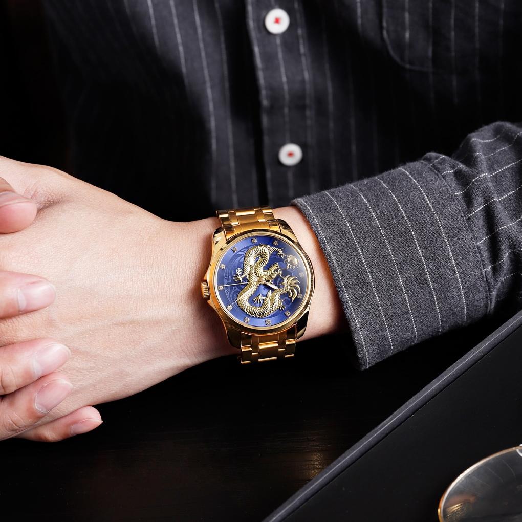 Men Golden Dragon Calendar Dial Quartz Watch with Luminous Hands - Silver Black